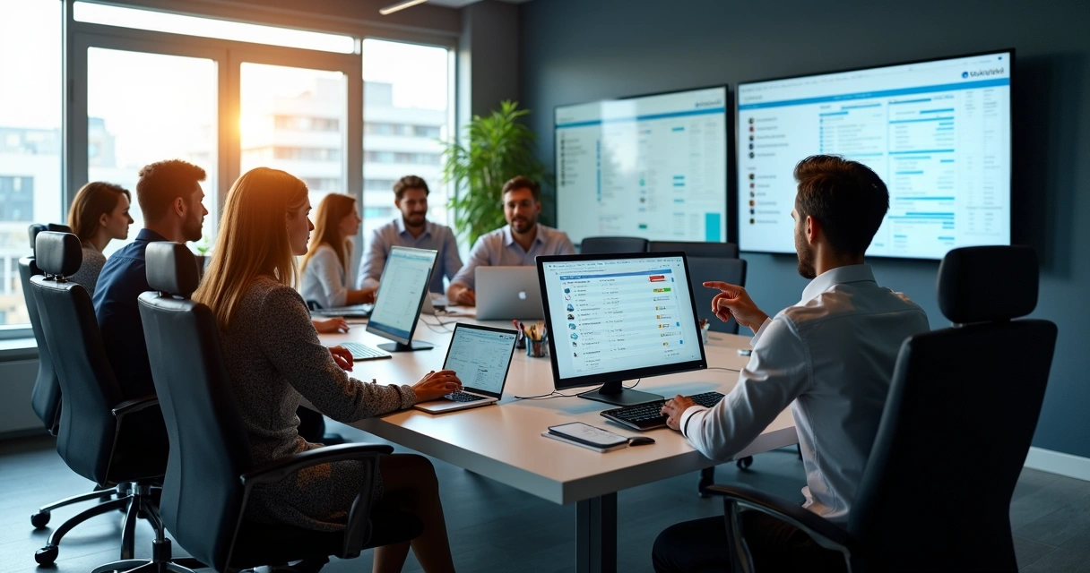Profissionais em uma reunião analisando perfis de contatos em computadores 