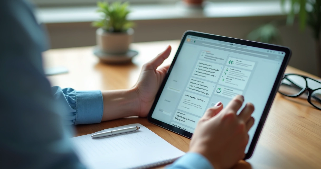 Pessoa escolhendo conteúdos no tablet com anotações ao lado 