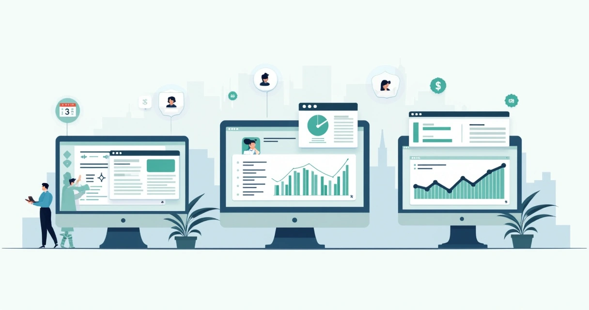 Ilustração de três telas de softwares CRM lado a lado, com ícones de vendas, tarefas automáticas e gráficos de funil. 
