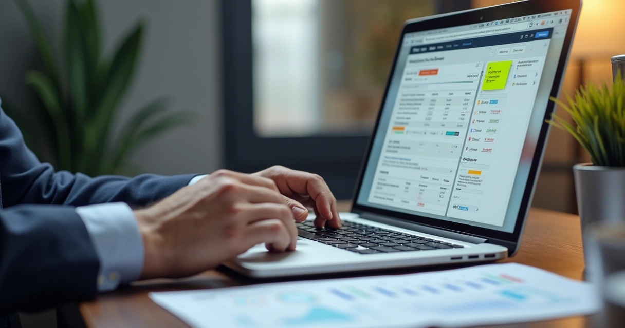 Corretora comparando opções de CRM em notebook, com fichas e gráficos 