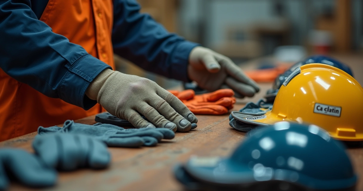 Seleção cuidadosa de luvas e capacetes em bancada de empresa 