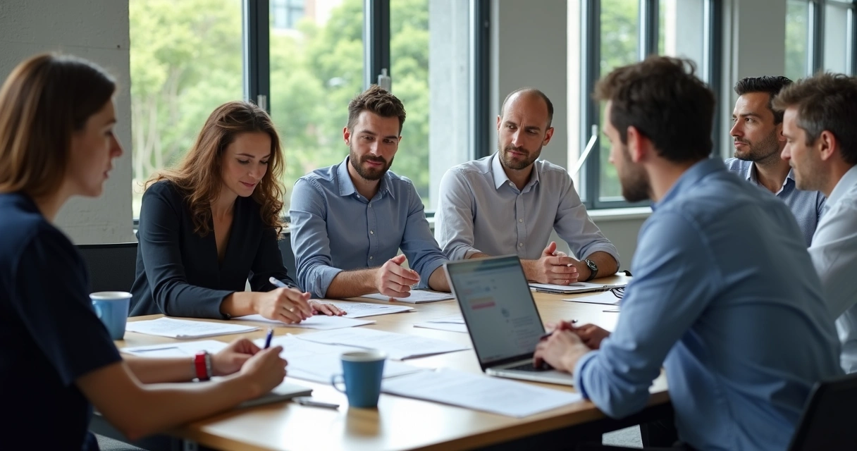 Equipe analisando documentos e critérios de fornecedores sentados em uma mesa de reunião