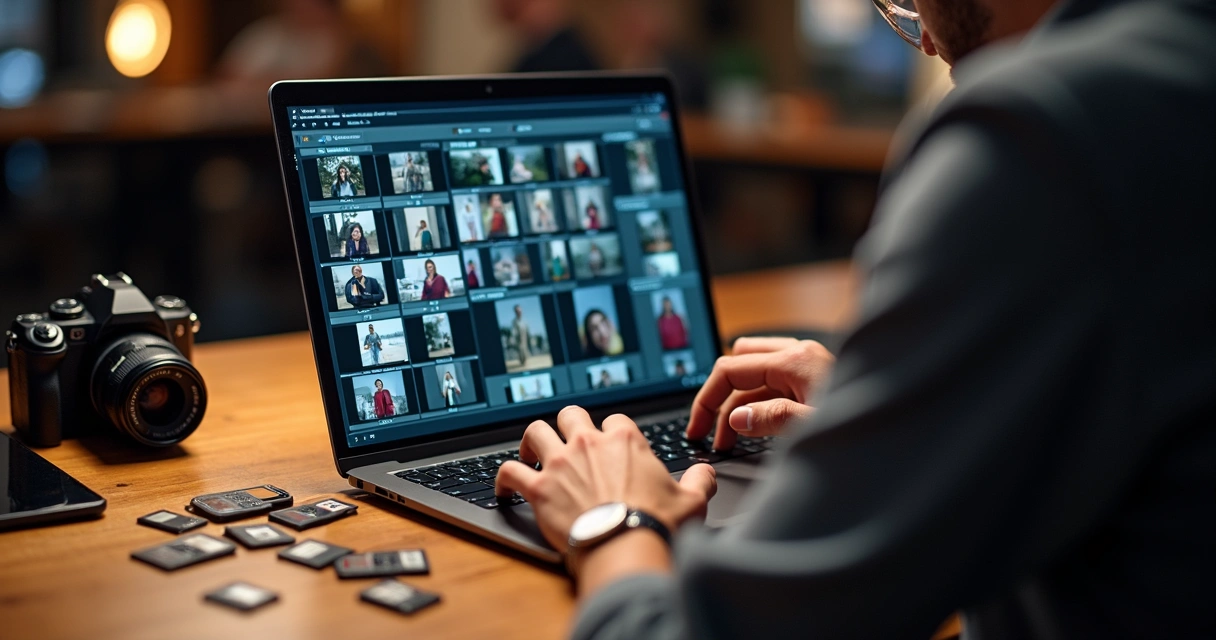 Fotógrafo revisando fotos de bastidores em laptop com cartões de memória ao lado 