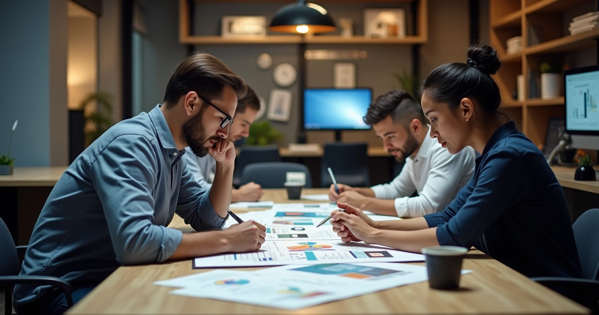 Mesa de escritório com diferentes impressoras, pessoas analisando opções