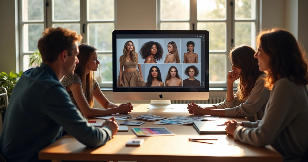 Reunião de fotógrafos observando diferentes books de modelo em um grande monitor 