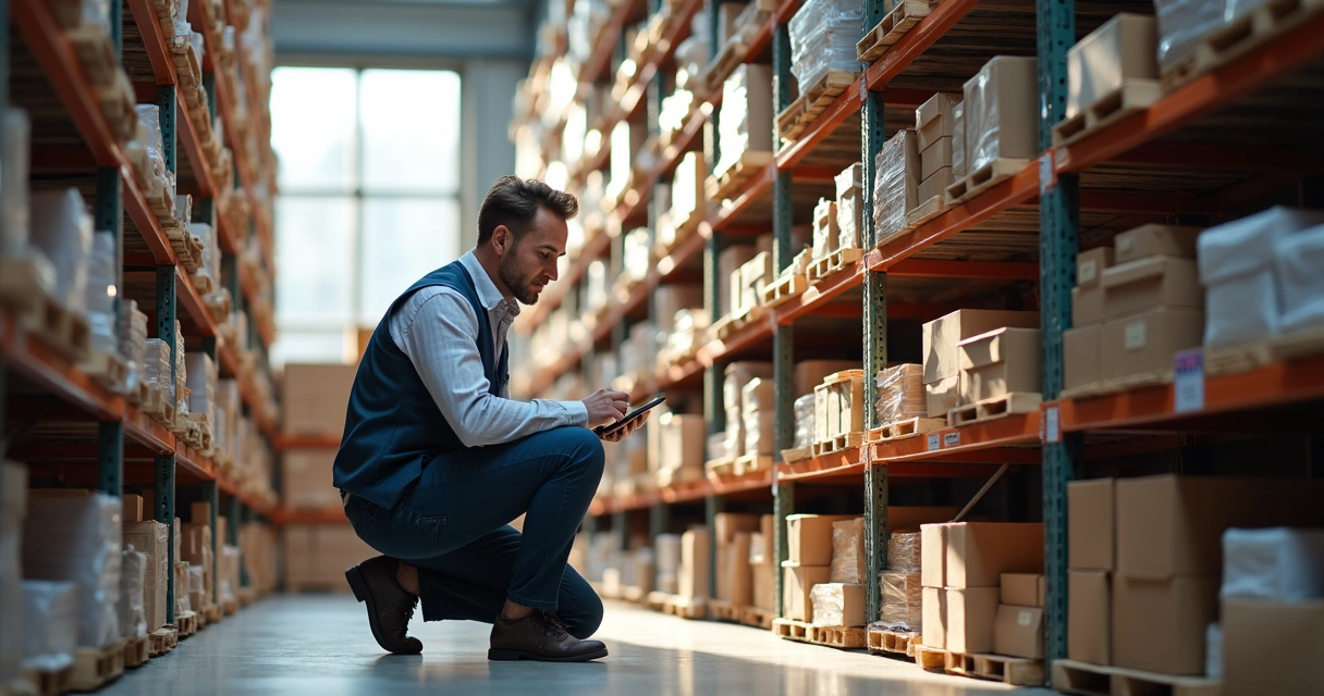 Gestor avaliando produtos no estoque para marketplace 