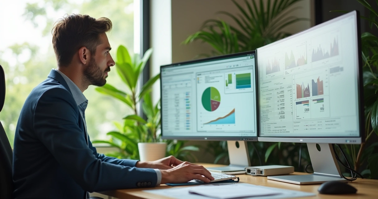 Contador avaliando projetos ESG em tela de computador 