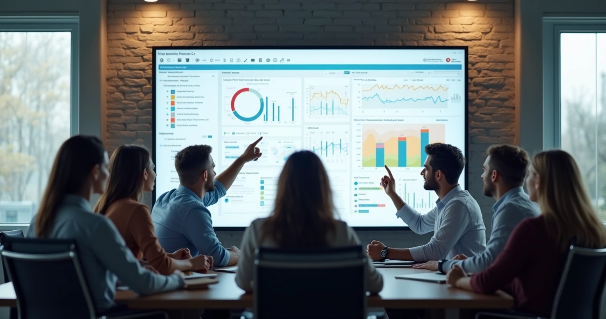 Equipe reunida analisando opções de sistema em tela digital 