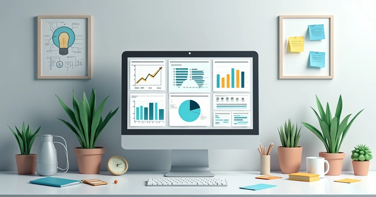 Pessoa escolhendo tema em tela de computador com gráficos e pesquisas 