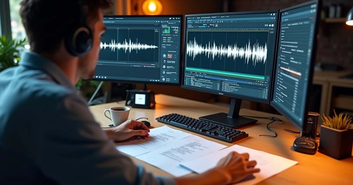 Editor de áudio avaliando trechos de podcast 