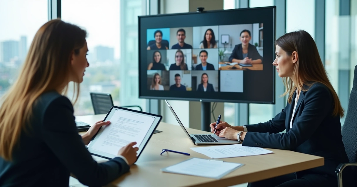 Oficina moderna con entrevista digital y documentos electrónicos 