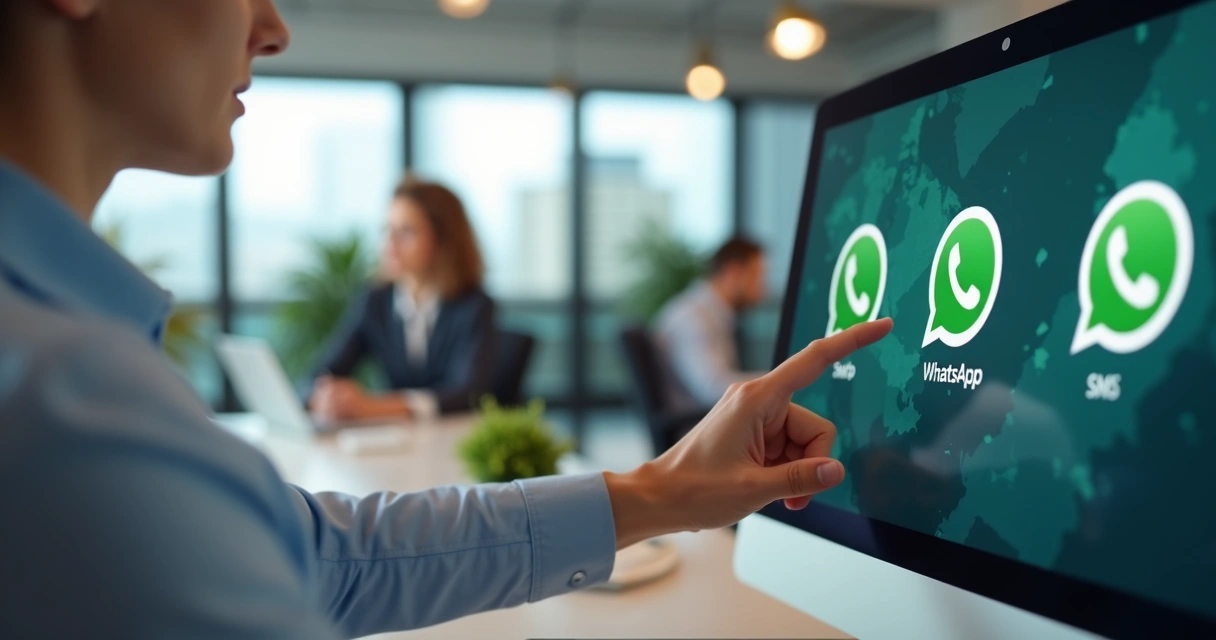 Pessoa escolhendo entre ícones de WhatsApp e SMS em uma tela de computador, ambiente de escritório moderno 