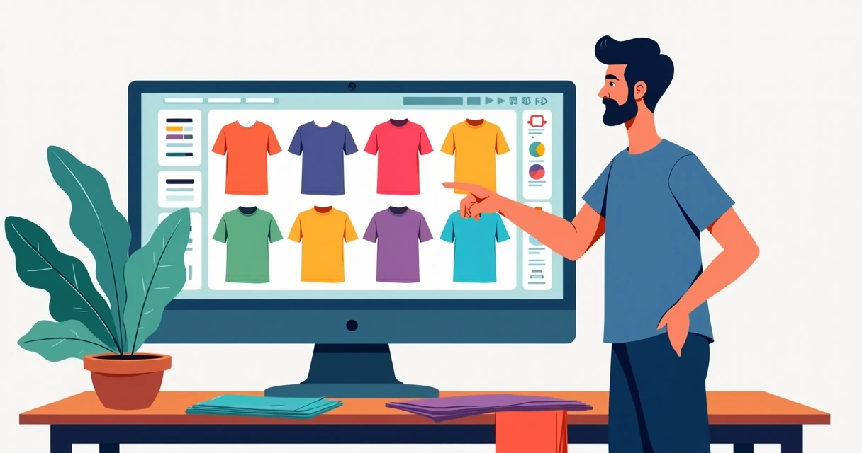 Pessoa escolhendo cores de camisetas em uma tela de computador