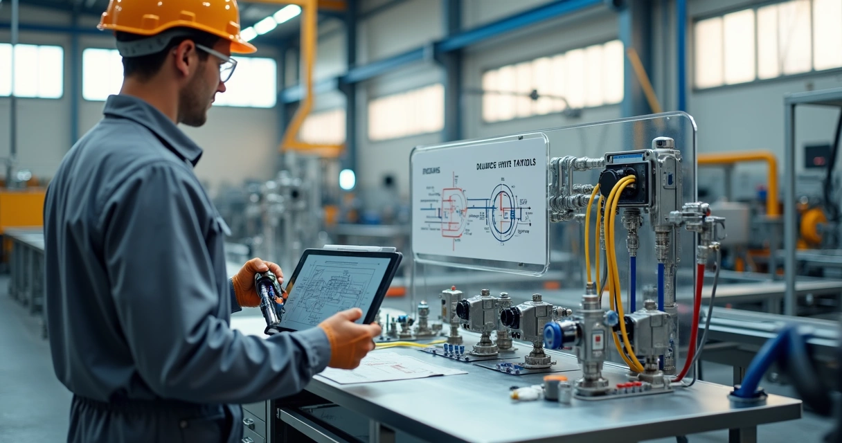 Engenheiro compara esquema de circuito pneumático com válvulas de segurança em bancada industrial 