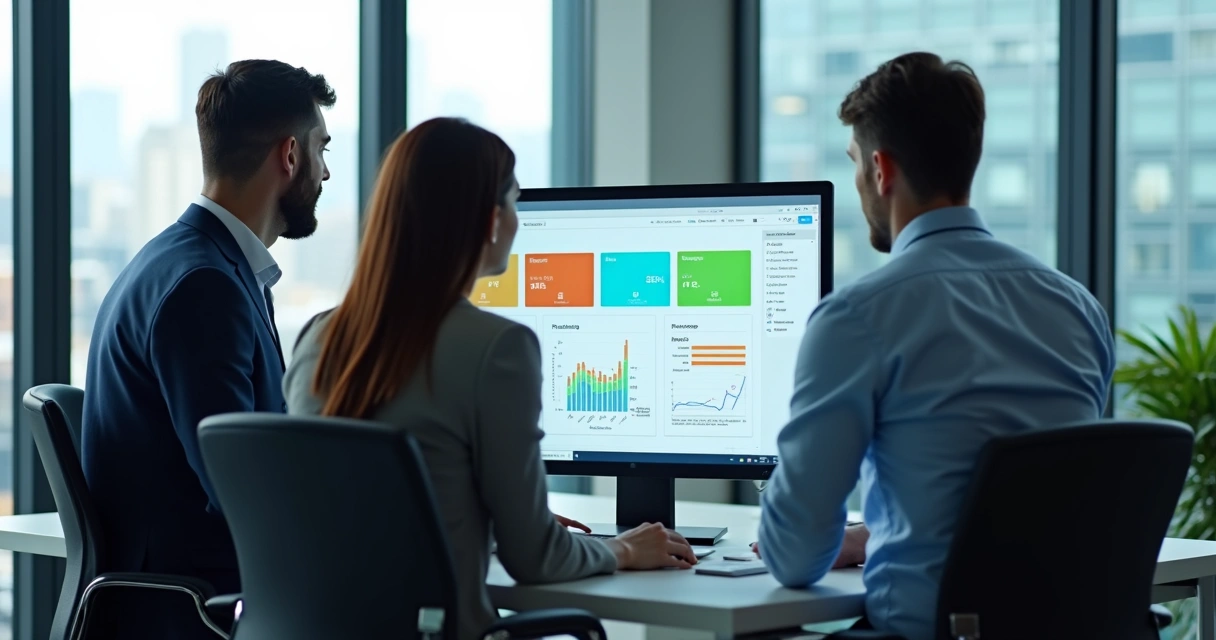 Três gestores analisando tela de computador com diferentes módulos ERP coloridos 