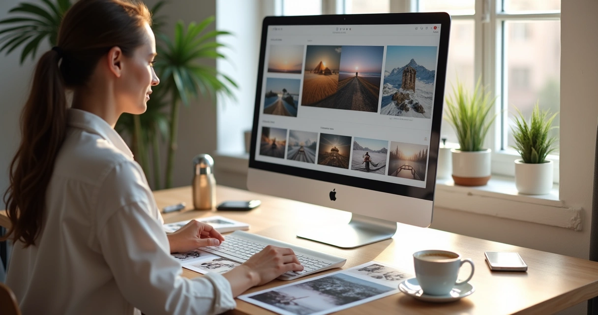 Fotógrafo no computador escolhendo fotos para portfólio 