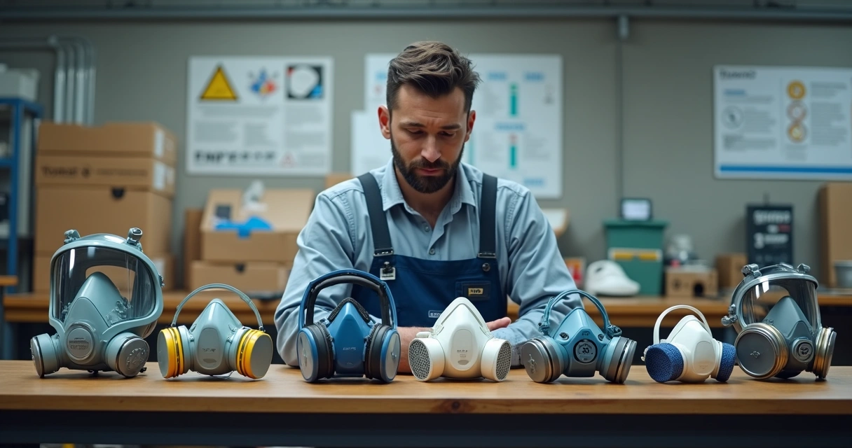 Trabalhador comparando diferentes tipos de máscaras respiratórias em bancada 