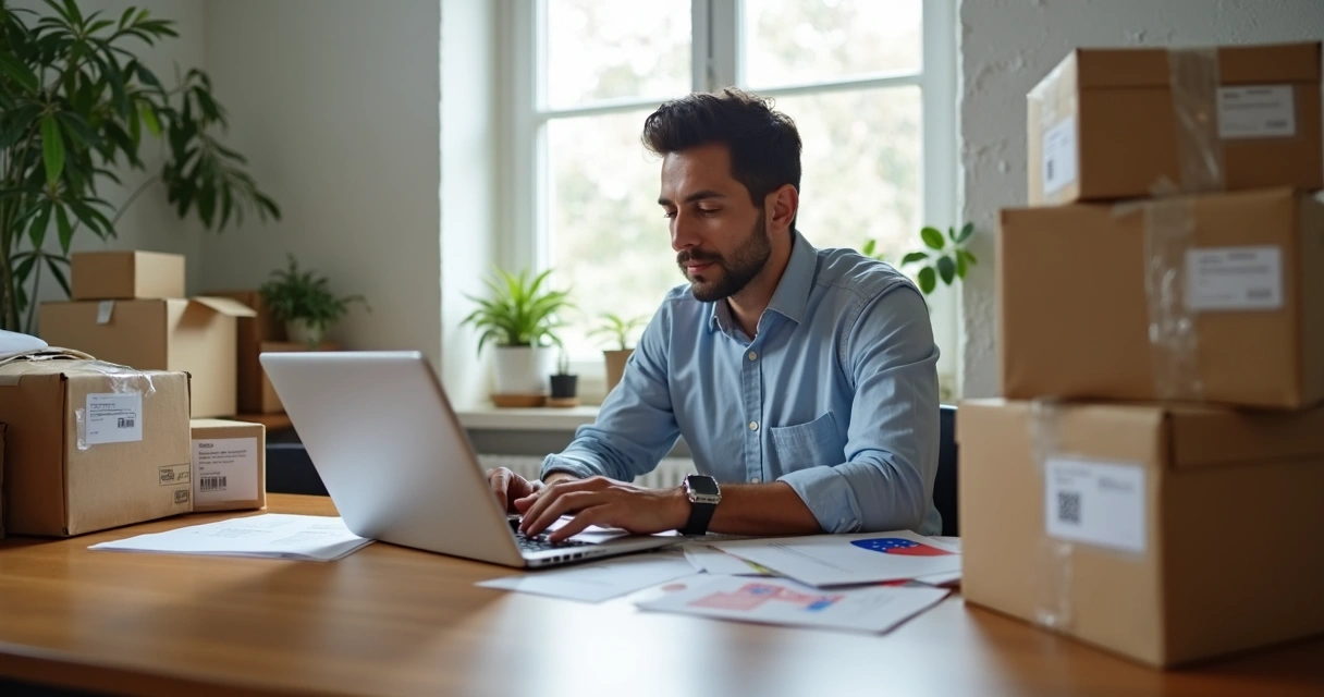 Pessoa analisando diferentes produtos e embalagens para exportação em mesa de escritório