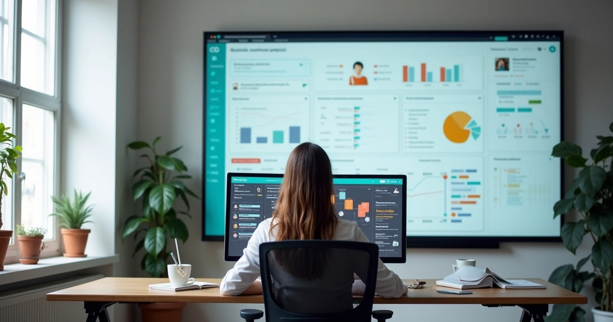 Pessoa filtrando empresas em tela de computador com gráficos coloridos