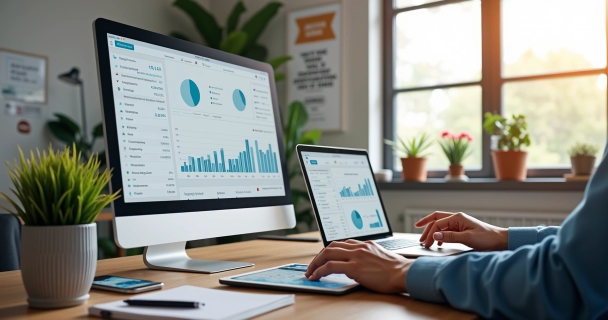 Profissional analisando gráficos e dados de engajamento de influenciadores em tela de computador 