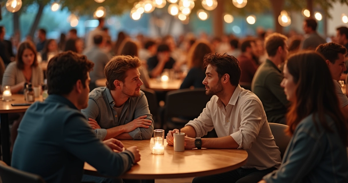 Person in crowded room sharply focused on one conversation while rest of people fade into blur 