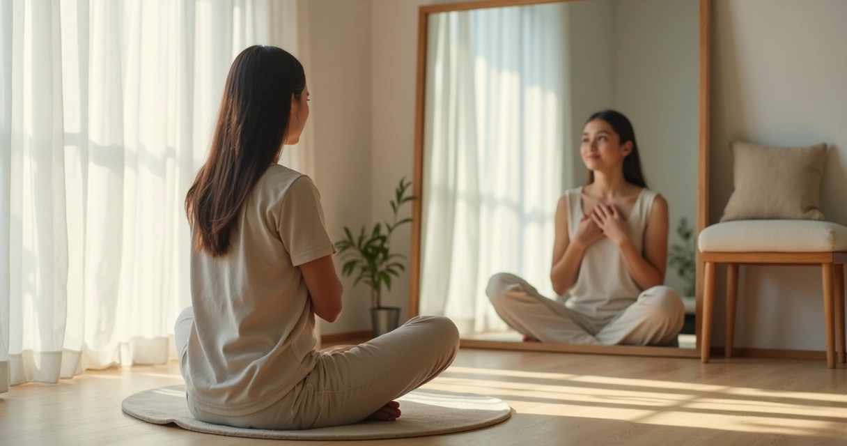 Person calmly looking at their reflection in a mirror in a peaceful room 