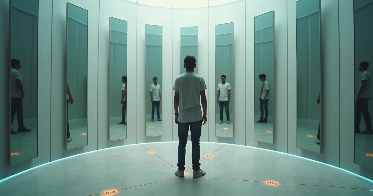 Person facing fragmented mirrors that reflect different versions of the self 