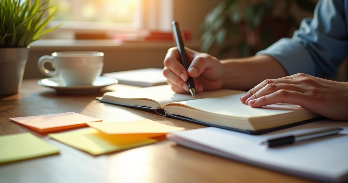 Hands writing personal thoughts in a journal on a desk