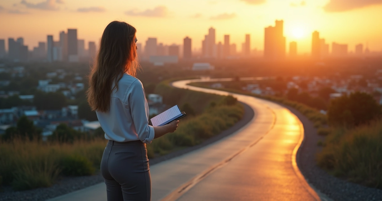 Woman at a crossroads pausing to make a thoughtful decision 