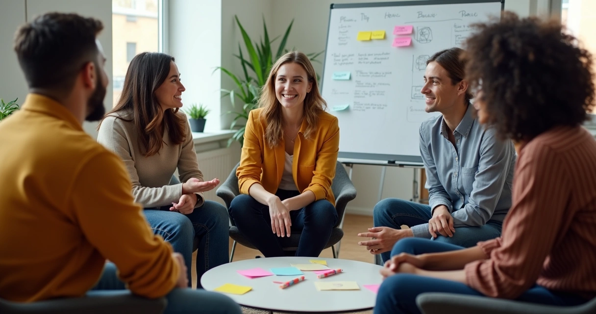 Team members participating in a feedback session, sharing openly