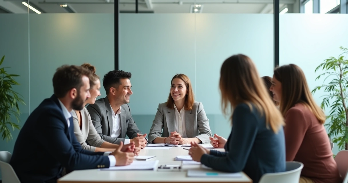 Business leader with team in discussion at a modern office, showing open body language and engaged expressions. 