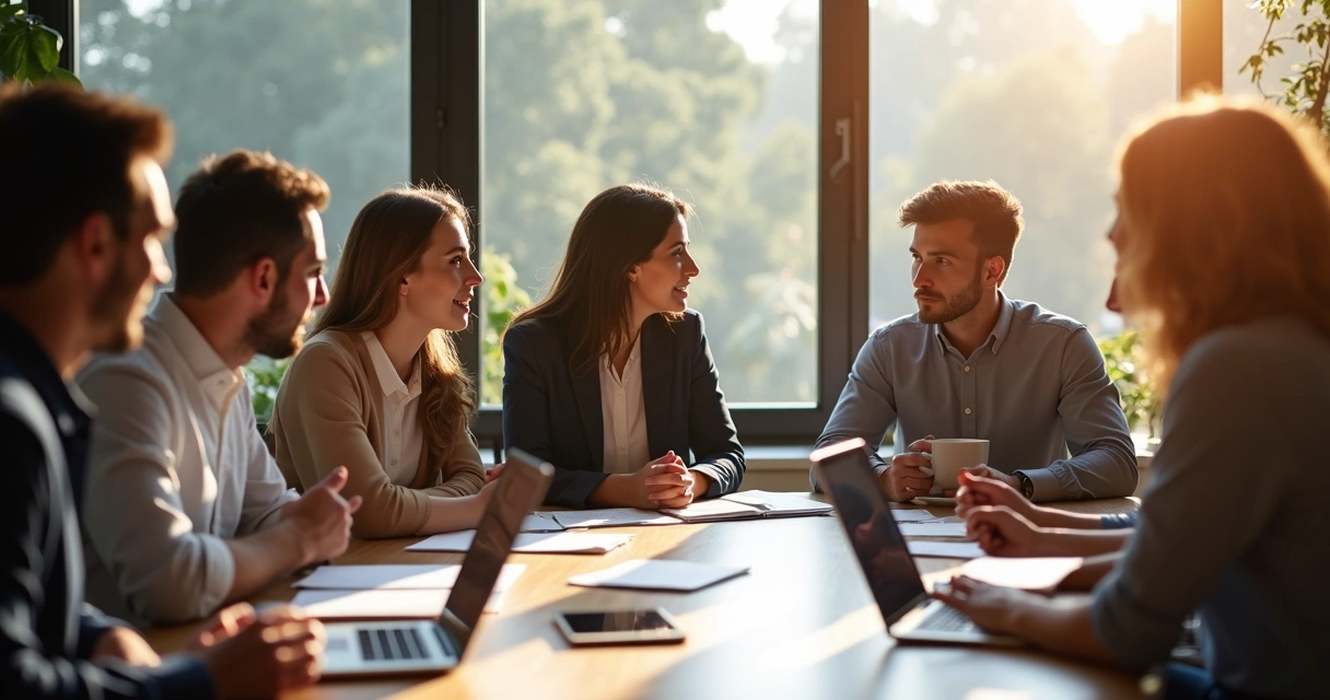 Team of diverse people engaged in open discussion, sitting around a round table 