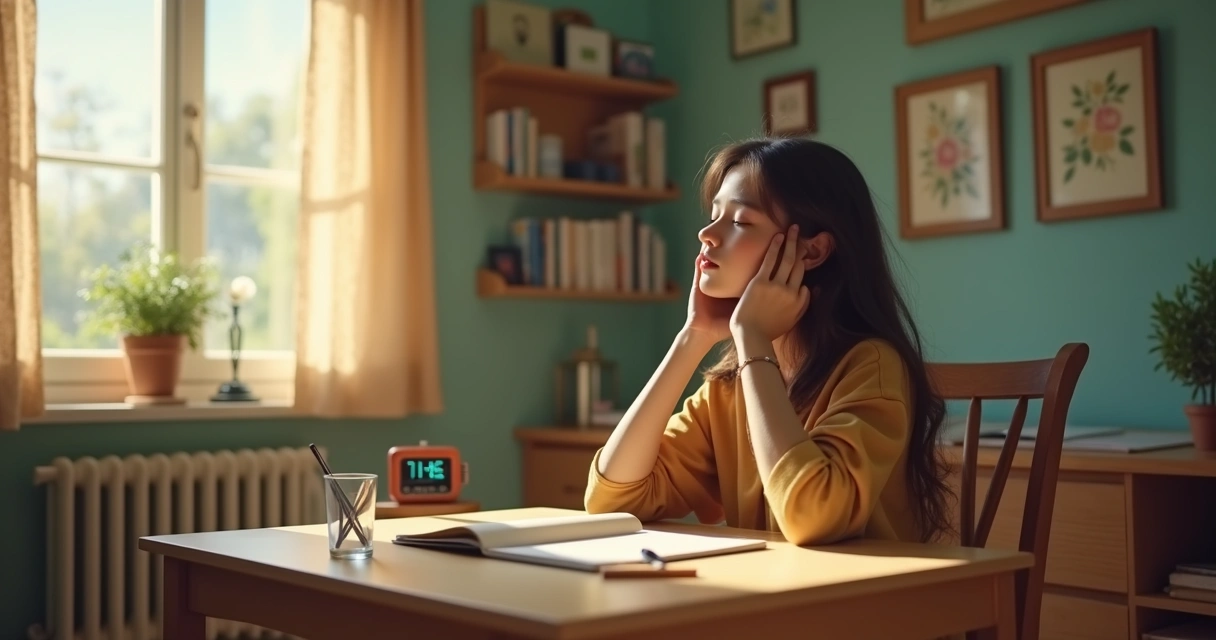 Person sitting quietly at a desk, eyes closed, with sunlight streaming through a window, pen and notebook on table 