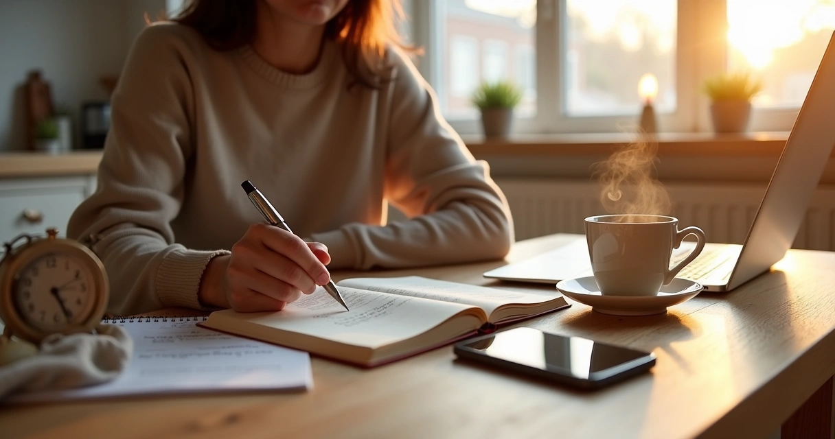 Person reflecting with journal and coffee during a calm morning routine 