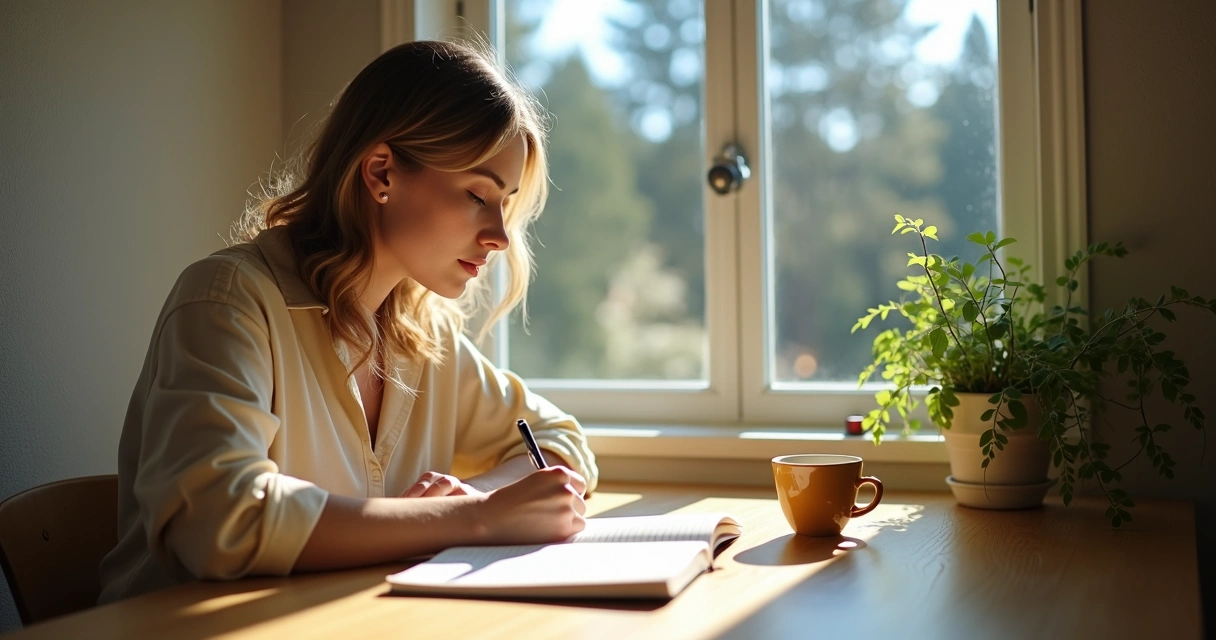 Woman writing in a journal near a window, natural light 