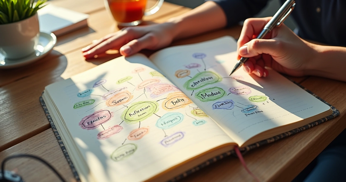 Open journal with mind map and notes on self-awareness practices 