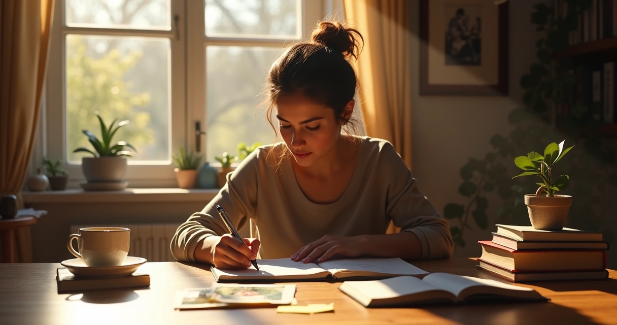 Person journaling about their self-awareness at a desk with sunlight through a window 