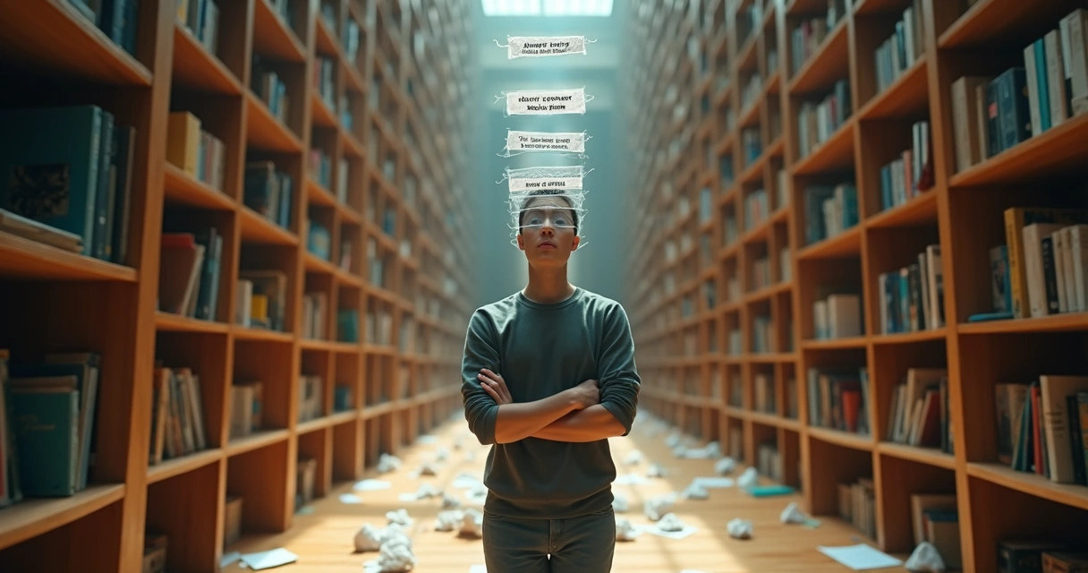 Person removing layered masks in a library maze 