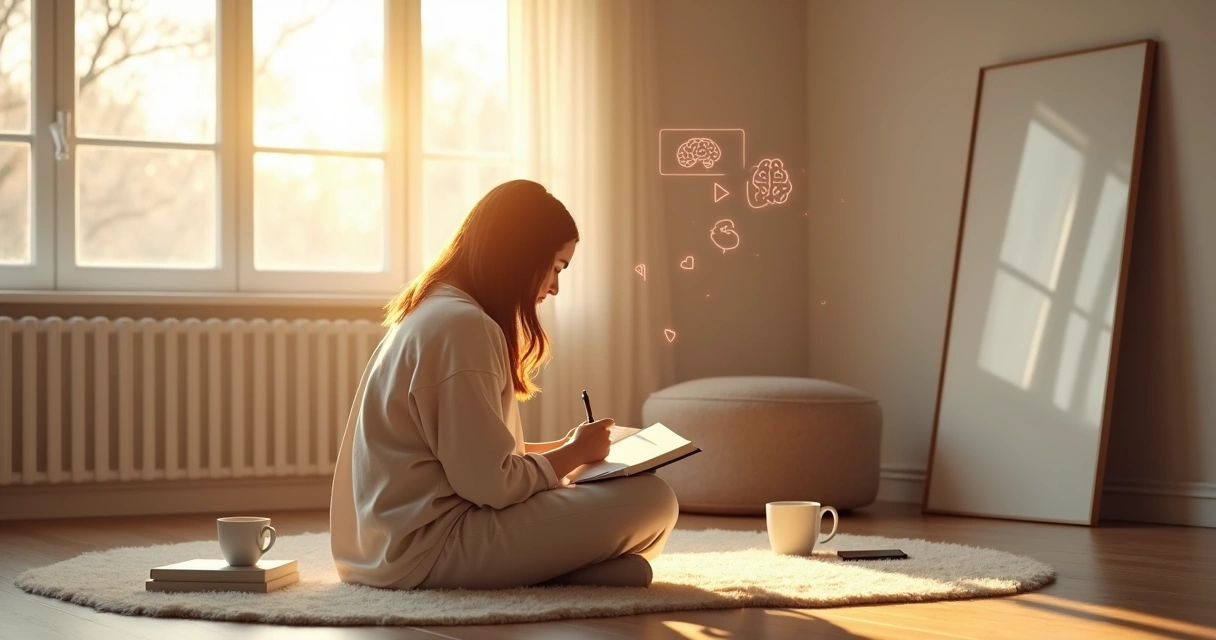 Person journaling on the floor beside a mirror practicing self-awareness 