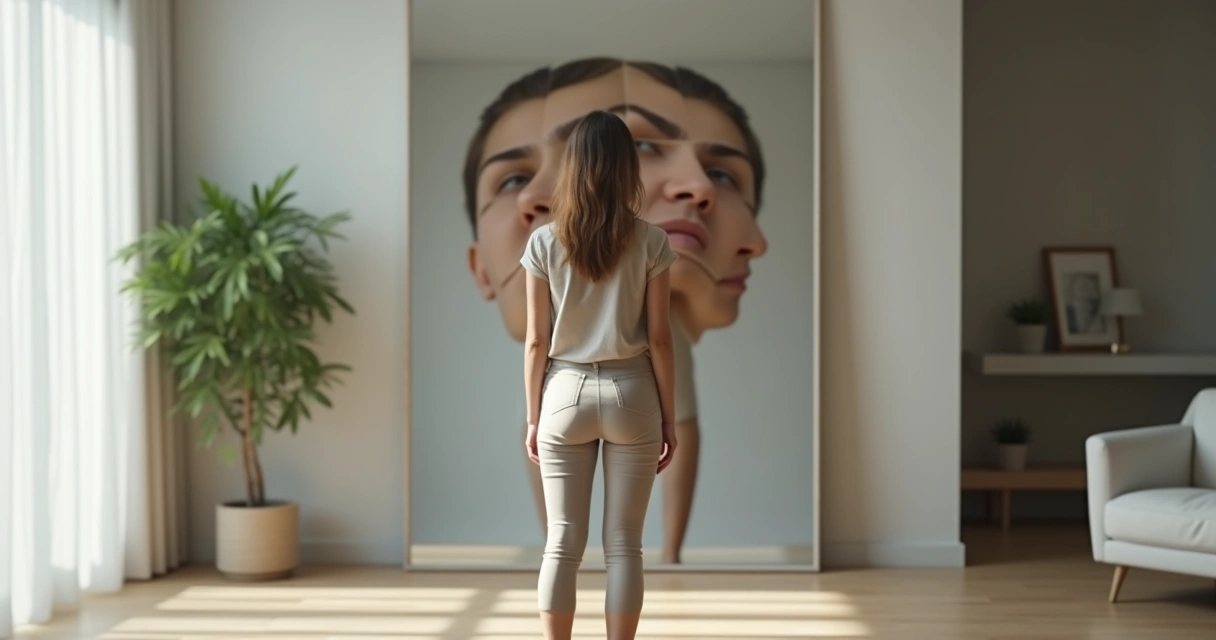 Person facing a mirror with fragmented reflections representing self-awareness 