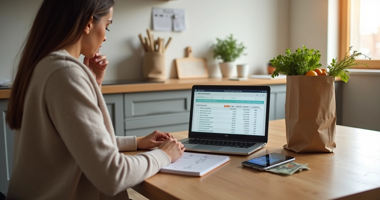 Person reflecting at table with weekly budget and groceries 