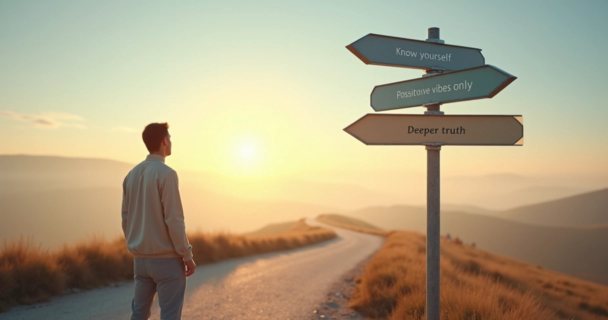 Person standing at a crossroads reading road signs about self-awareness myths 