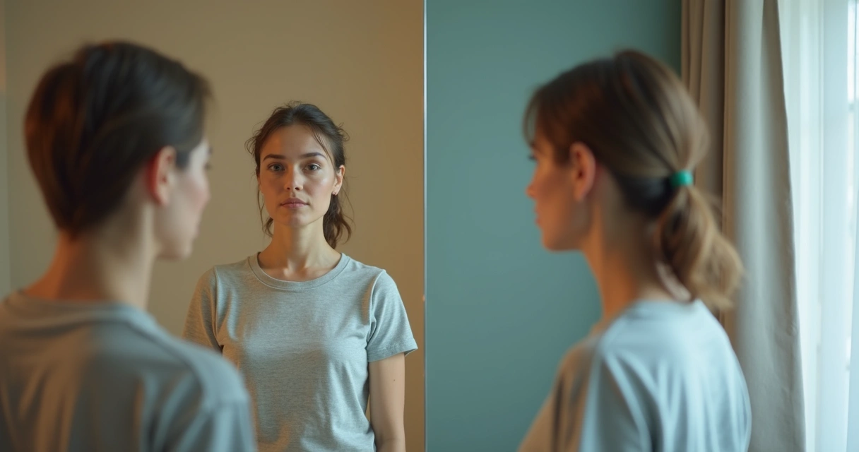 Person reflected in a split mirror showing calm self-awareness on one side and harsh self-judgment on the other 
