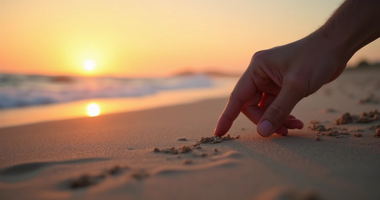 Person drawing a boundary line in sand with calm expression