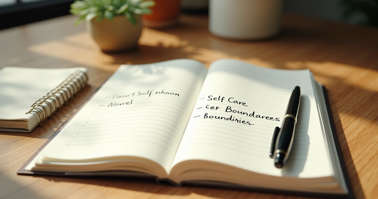 Notebook with self-care and boundaries notes, pen beside it