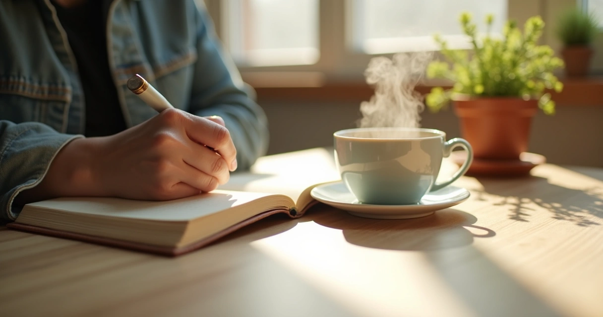Person journaling in a peaceful space with a cup of tea