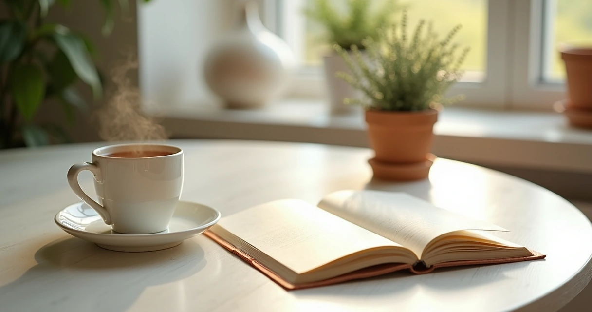 Table with a cup of tea, open notebook, and gentle morning light suggesting a mindful morning routine 
