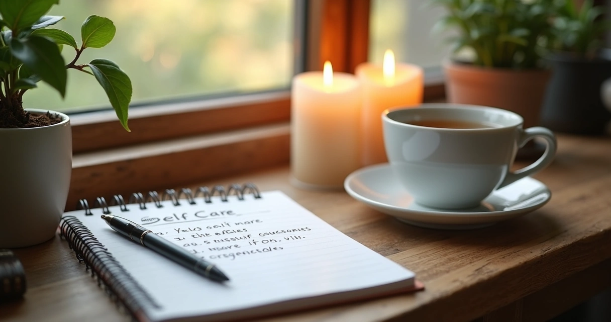 Notepad with self-care routine, cup of tea, and calming candles on wooden desk 