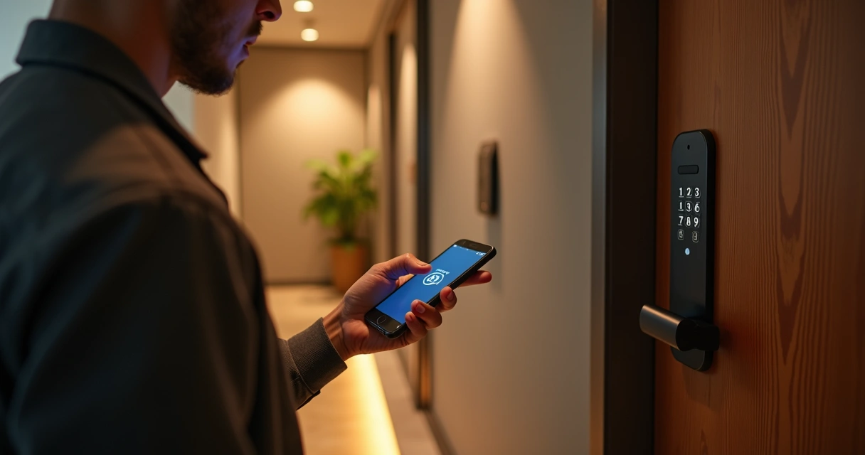 Hóspede usando celular para fazer self check-in em apartamento moderno 