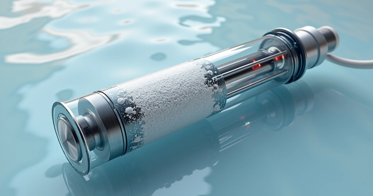 Cutaway view of saltwater chlorinator cell comparing scaled and clean plates 
